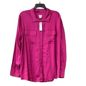 NWT Chico's Size XXL ( 4 ) Sand Wash Satin  Fuchsia Pink Button Front Blouse